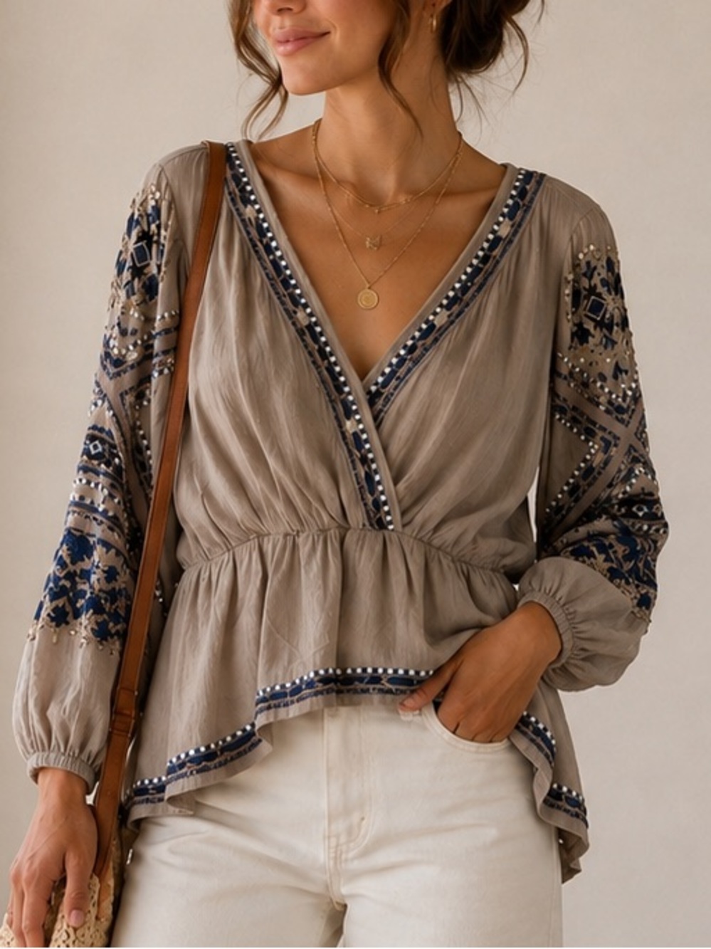 Boho embroidered Free People peplum blouse M